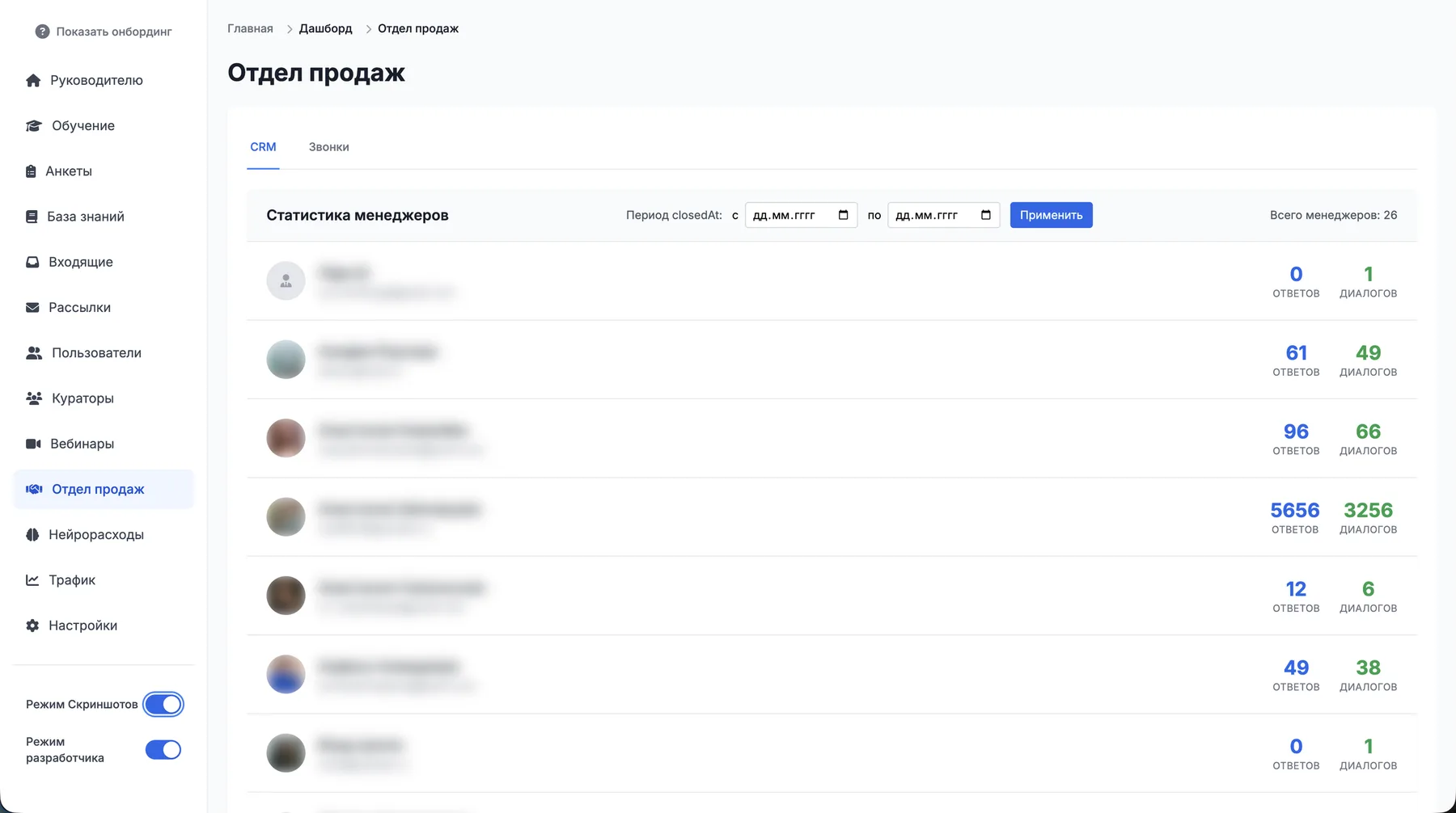 Отдел продаж с ответами и диалогами каждого менеджера